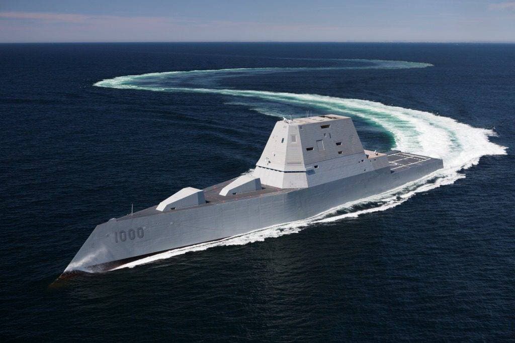 (2016) DDG 1000, pictured during acceptance trials in April, is the lead ship of next-generation multi-mission surface combatants tailored for land attack and littoral dominance. Photo by: Dennis Griggs