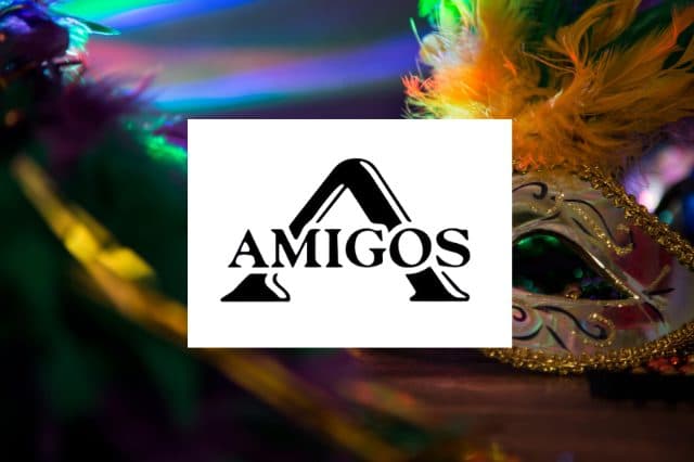 AMIGOS logo overlaid on Mardi Gras imagery to celebrate the AMIGOS Casino Night event at the 2025 SME Arizona Conference in Tucson.